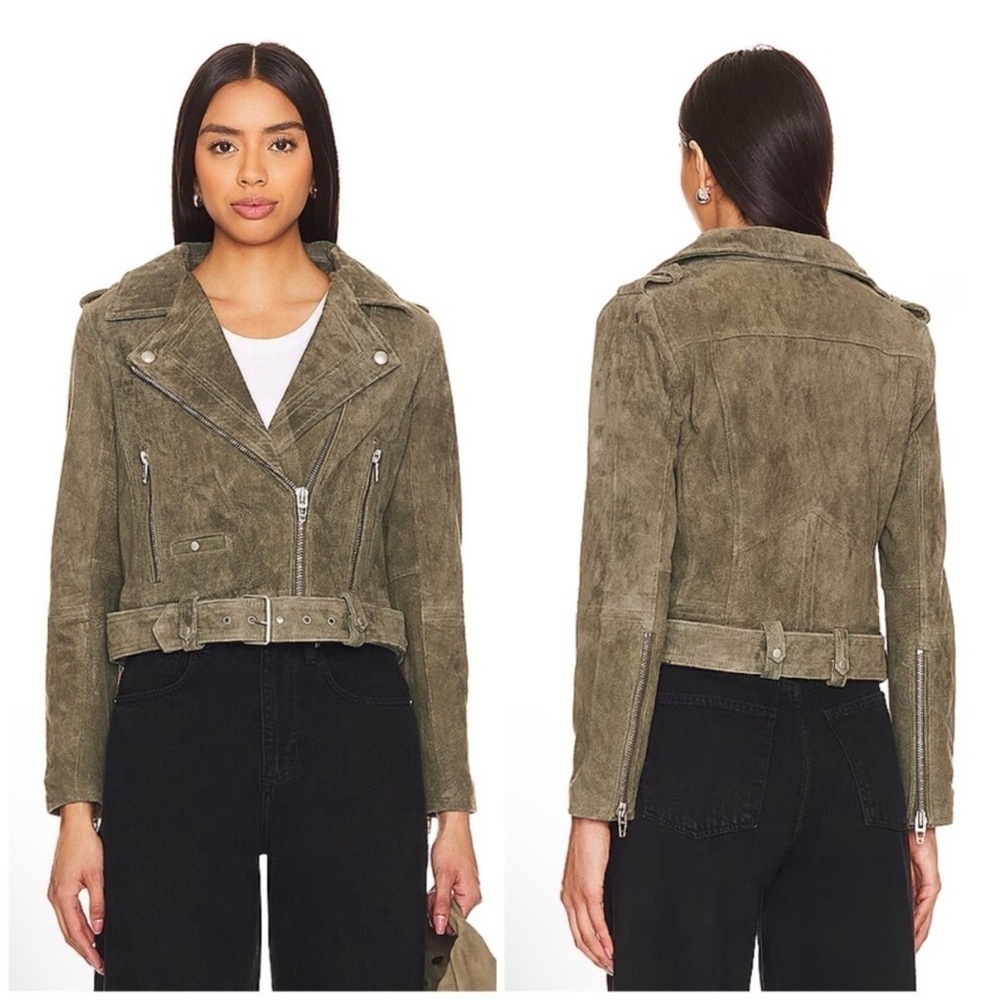 BLANKNYC Herb Green Suede Moto Jacket Belted Biker Leather Jacket M NWOT - Picture 2 of 16
